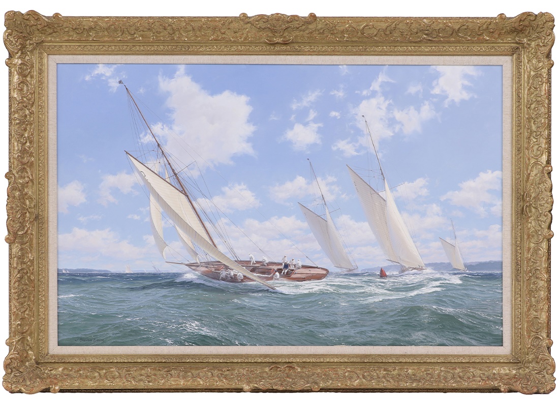 John Steven Dews (b.1949) ‘Hispania Leads at the Gybe Mark, Western Solent, 1912' signed 'J Steven Dews' l.l., and inscribed with title on the stretcher verso, oil on canvas 66.5 x 102cm (£15,000 - 20,000)